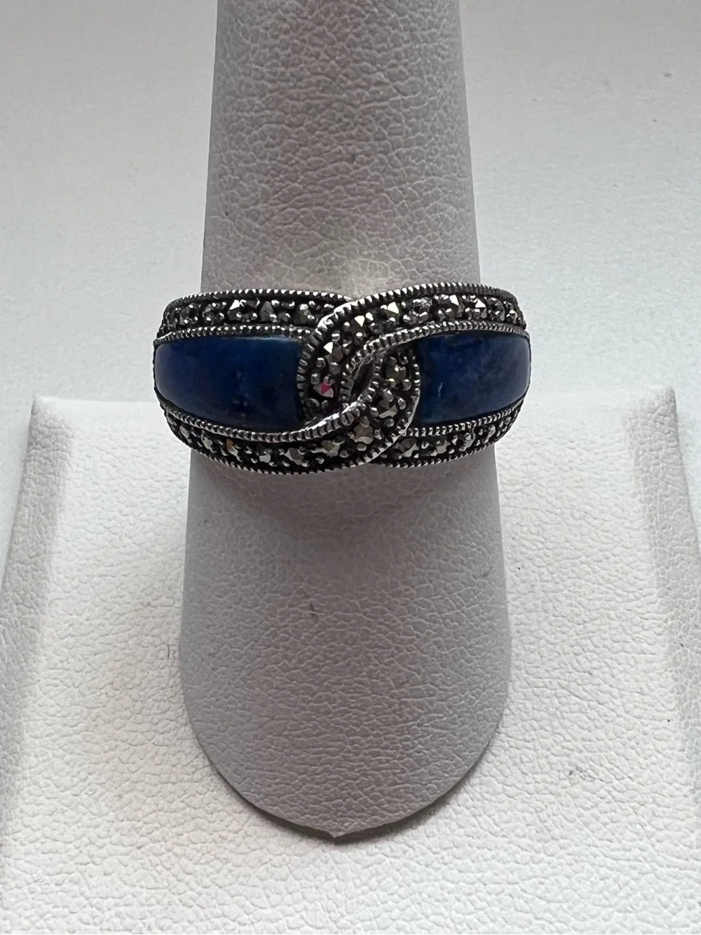 Vintage Sterling Silver Blue Lapis Lazuli Marcasite Knot Band Ring Size 9